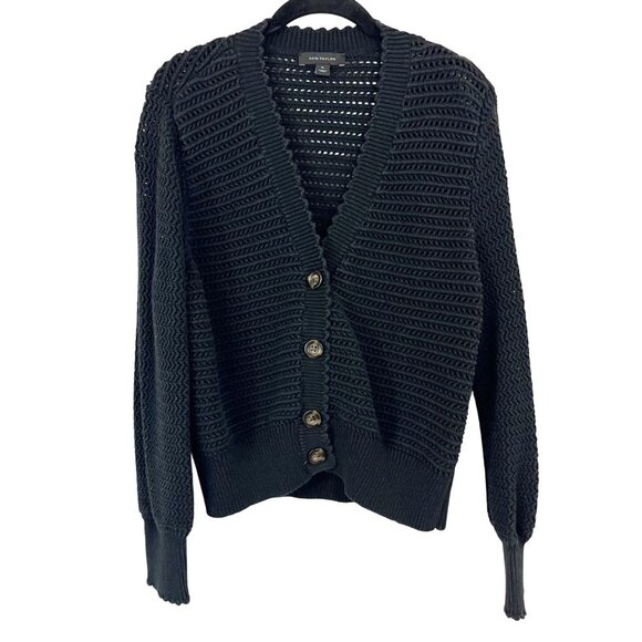 Ann Taylor Black Open Knit Scalloped Button Cardigan Sweater Preppy Size JR XL. - Picture 1 of 6